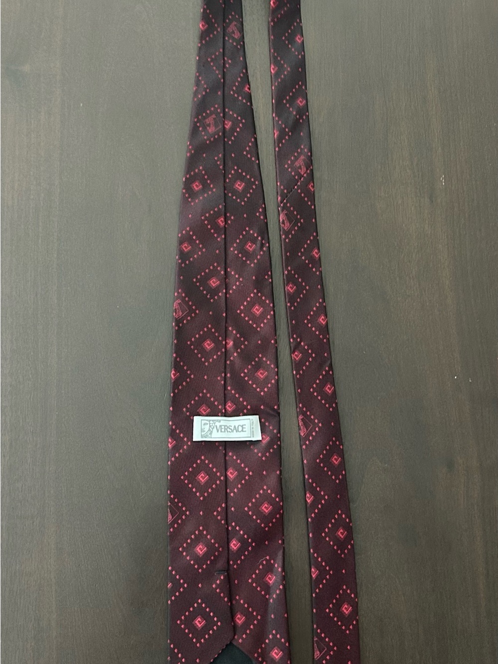 Versace Burgundy Silk Tie Red Geometric Medusa Head Monogram Made In Italy